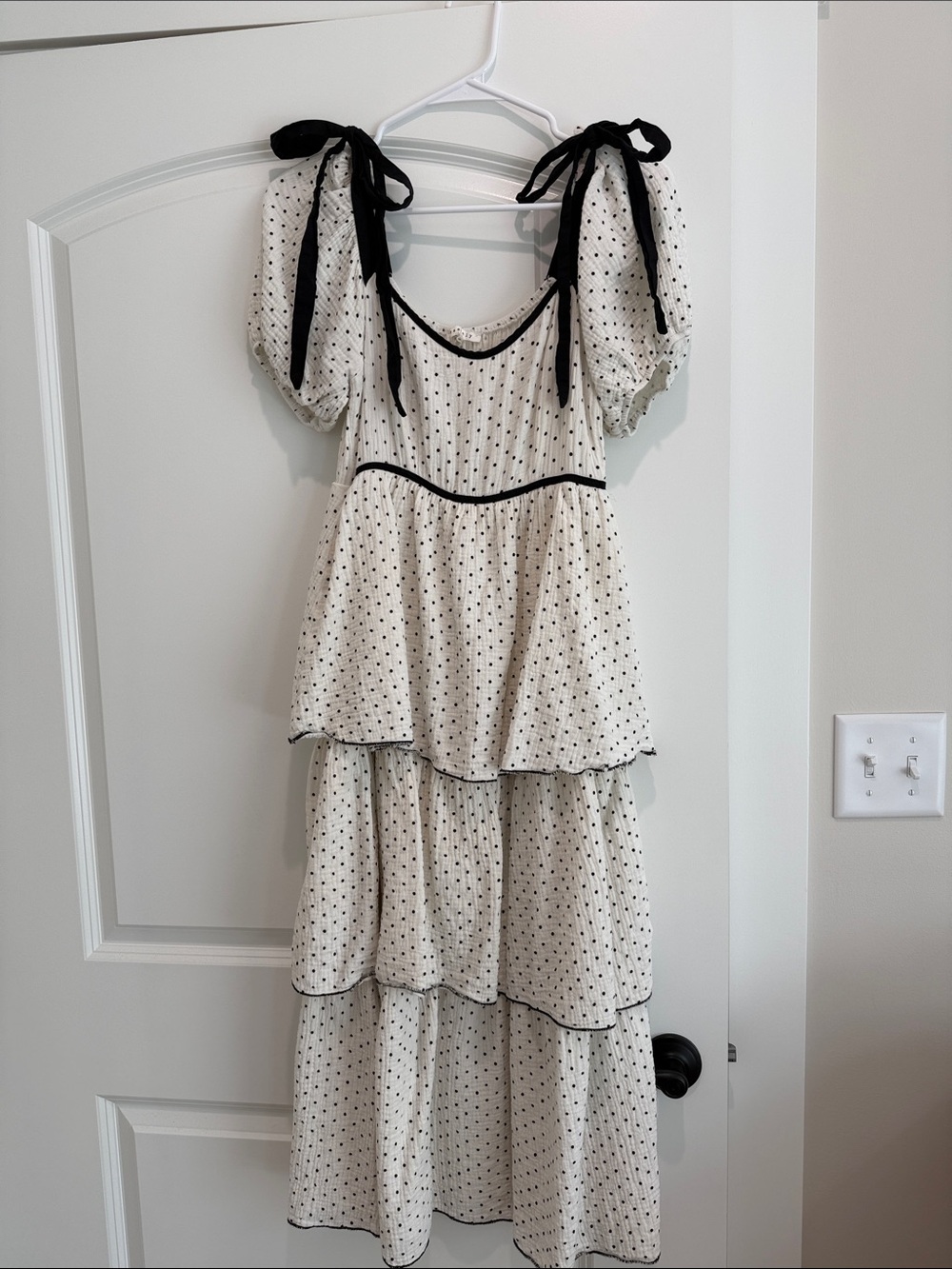 Baevely White Polka Dot Tiered Midi Dress with Black Trim
